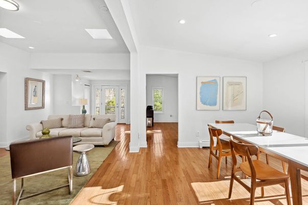 Dining room, Interior, Living room, Recessed Lighting, Wood Texture Flooring