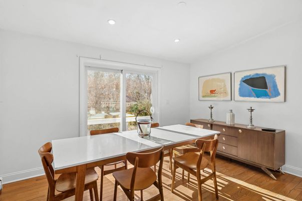 Dining room, Interior, Recessed Lighting, Wood Texture Flooring