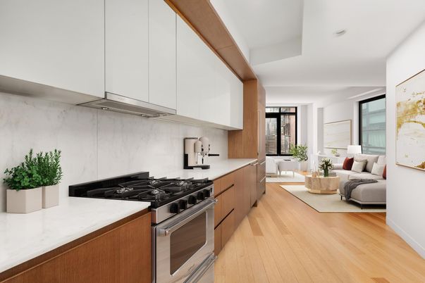 Interior, Kitchen, Living room, Marble Walls, Stainless Steel Appliances, Wood Texture Flooring