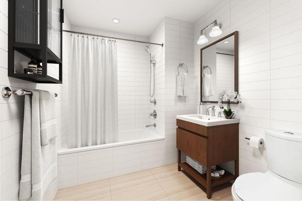 Bathroom, Interior, Recessed Lighting, Wood Texture Flooring