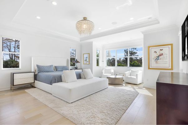 Bedroom, Chandelier, Interior, Recessed Lighting, Wood Texture Flooring