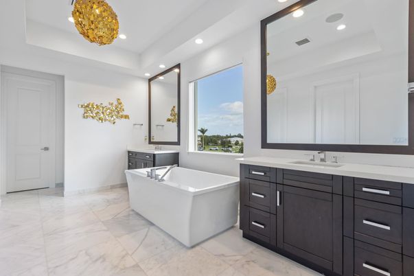 Bathroom, Dual Sink Vanities, Free Standing Baths, Interior, Marble, Pendant Lights, Recessed Lighting
