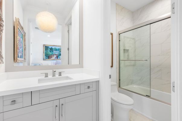 Bathroom, Glass Shower, Interior, Marble Walls, Pendant Lights