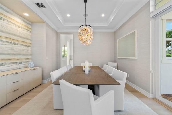 Dining room, Interior, Pendant Lights, Recessed Lighting, Wood Texture Flooring
