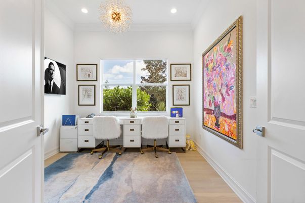 Chandelier, Home Office, Interior, Recessed Lighting, Wood Texture Flooring