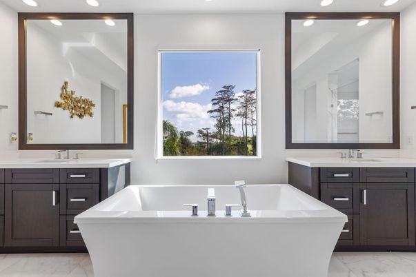 Bathroom, Dual Sink Vanities, Free Standing Baths, Interior, Marble, Recessed Lighting