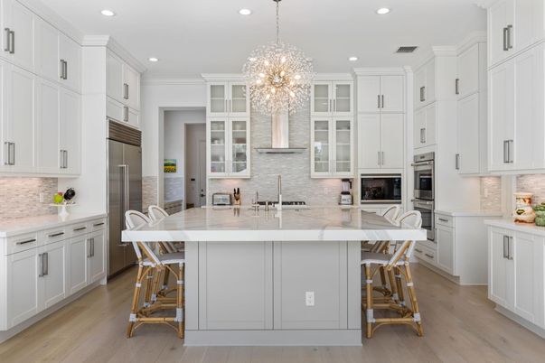 Chandelier, Interior, Kitchen, Pendant Lights, Recessed Lighting, Stainless Steel Appliances, Wood Texture Flooring