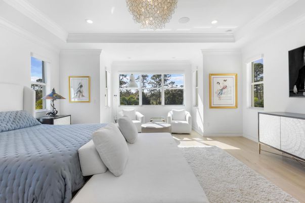 Bedroom, Chandelier, Interior, Recessed Lighting, Wood Texture Flooring