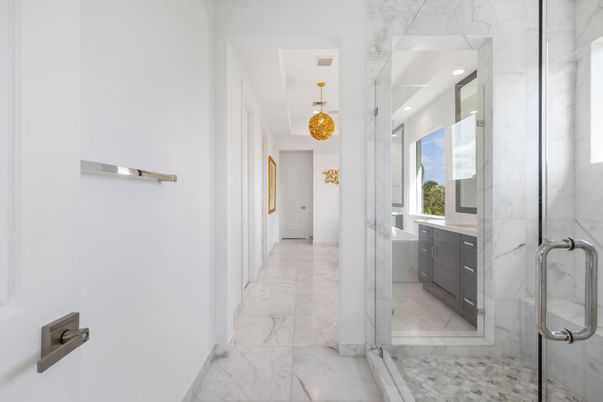 Bathroom, Chandelier, Glass Shower, Interior, Marble, Marble Walls, Recessed Lighting