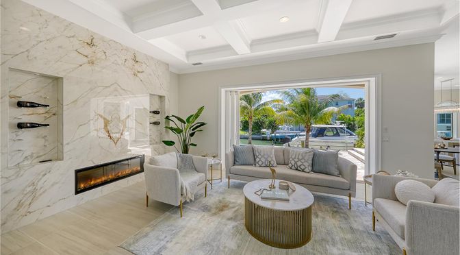 Fireplace, Interior, Living room, Marble Walls, Pendant Lights, Recessed Lighting