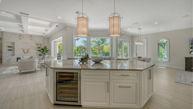 Dining room, Interior, Kitchen, Marble Walls, Pendant Lights, Recessed Lighting, Wood Texture Flooring
