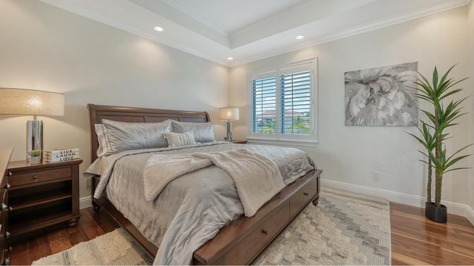 Bedroom, Interior, Recessed Lighting, Wood Texture Flooring