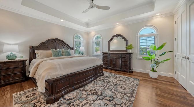 Bedroom, Interior, Recessed Lighting, Wood Texture Flooring