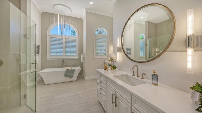 Bathroom, Dual Sink Vanities, Free Standing Baths, Glass Shower, Interior, Recessed Lighting