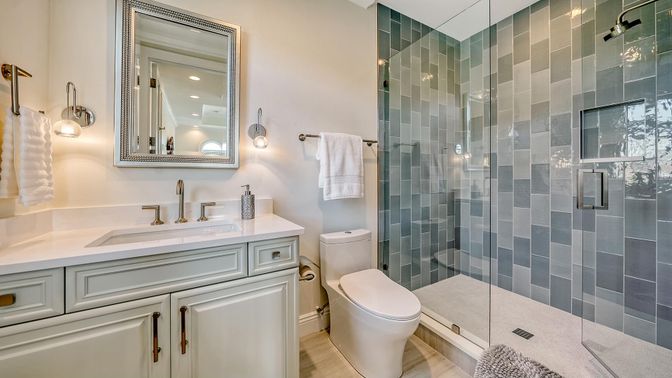 Bathroom, Glass Shower, Interior, Recessed Lighting