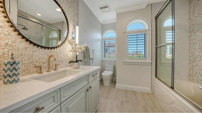 Bathroom, Dual Sink Vanities, Glass Shower, Interior, Recessed Lighting, Wood Texture Flooring