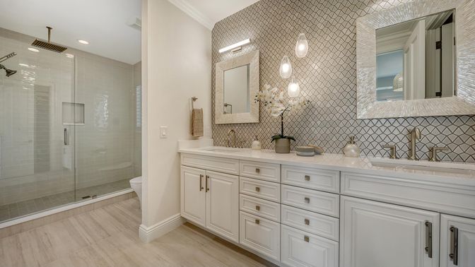 Bathroom, Dual Sink Vanities, Glass Shower, Interior, Recessed Lighting