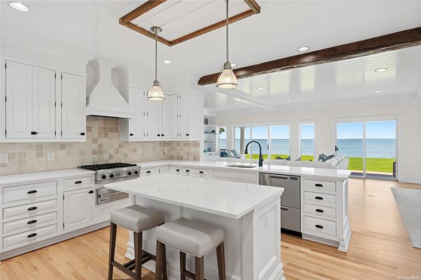 Interior, Kitchen, Pendant Lights, Recessed Lighting, Stainless Steel Appliances, Water, Wood Texture Flooring