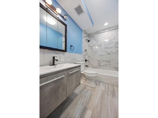 Bathroom, Dual Sink Vanities, Interior, Marble Walls, Recessed Lighting