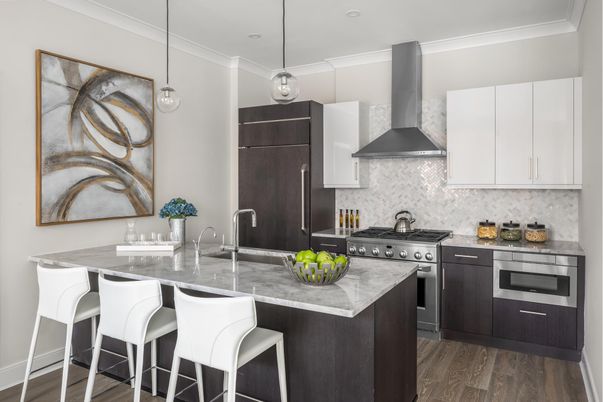 Interior, Kitchen, Pendant Lights, Recessed Lighting, Stainless Steel Appliances, Wood Texture Flooring