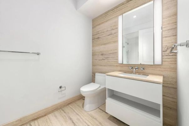 Bathroom, Interior, Recessed Lighting, Wood Texture Flooring, Wooden Walls