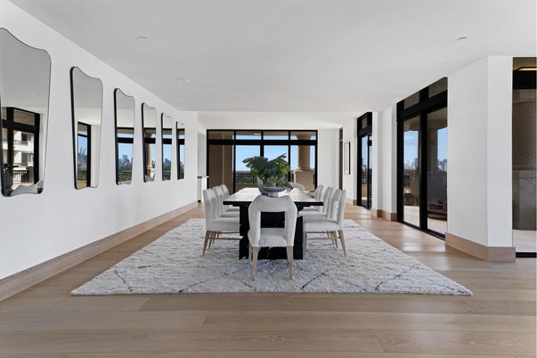 Dining room, Interior, Recessed Lighting, Wood Texture Flooring