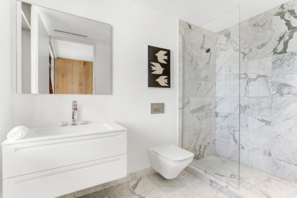 Bathroom, Glass Shower, Interior, Marble, Marble Walls