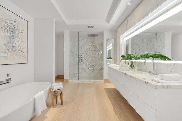 Bathroom, Free Standing Baths, Glass Shower, Interior, Marble, Marble Walls, Wood Texture Flooring
