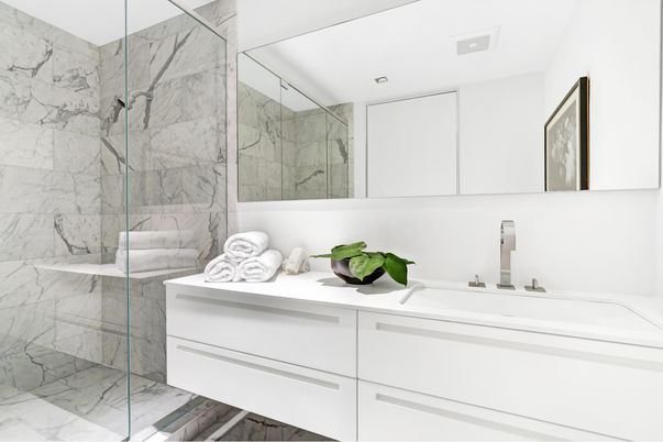 Bathroom, Glass Shower, Interior, Marble, Marble Walls, Recessed Lighting