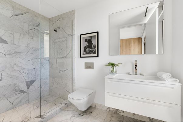 Bathroom, Glass Shower, Interior, Marble, Marble Walls