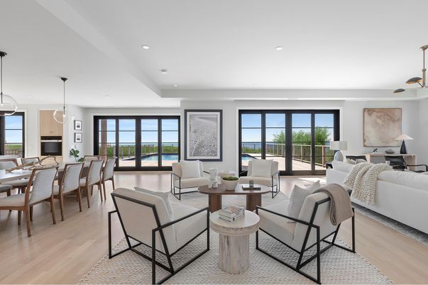 Dining room, Interior, Living room, Pendant Lights, Recessed Lighting, Wood Texture Flooring