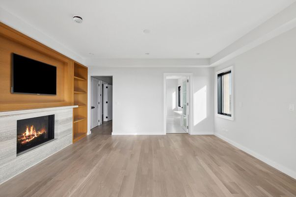 Empty room, Fireplace, Interior, Recessed Lighting, Wood Texture Flooring