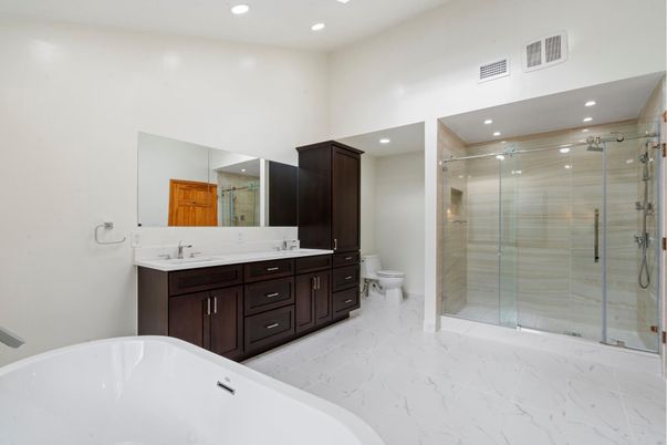 Bathroom, Dual Sink Vanities, Free Standing Baths, Glass Shower, Interior, Marble, Recessed Lighting