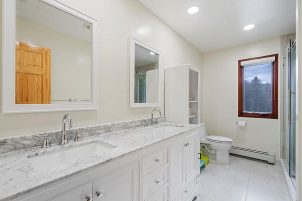 Bathroom, Dual Sink Vanities, Interior, Marble, Recessed Lighting