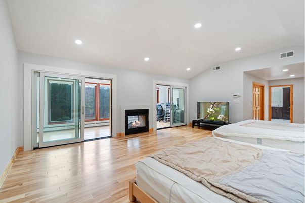 Bedroom, Fireplace, Interior, Recessed Lighting, Wood Texture Flooring