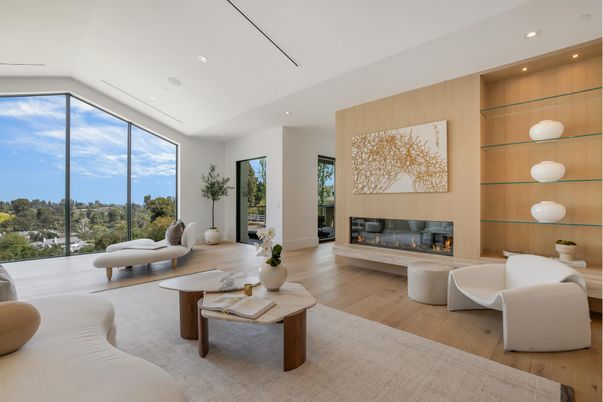 Fireplace, Interior, Living room, Recessed Lighting, Wood Texture Flooring
