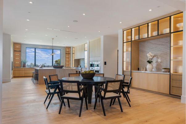 Dining room, Interior, Kitchen, Pendant Lights, Recessed Lighting, Wood Texture Flooring