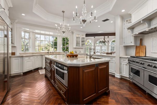Chandelier, Interior, Kitchen, Recessed Lighting, Stainless Steel Appliances, Wood Texture Flooring