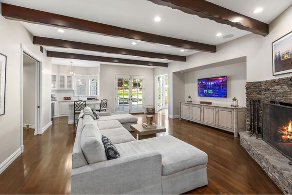 Dining room, Fireplace, Interior, Living room, Pendant Lights, Recessed Lighting, Wooden Beams, Wood Texture Flooring