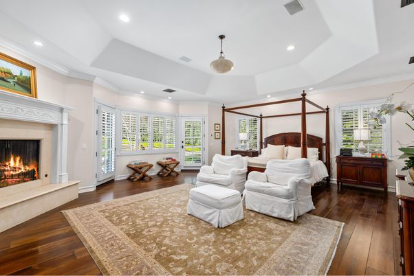 Bedroom, Fireplace, Interior, Recessed Lighting, Wood Texture Flooring