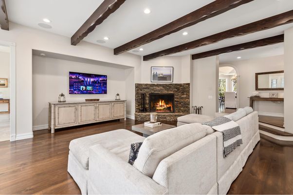 Fireplace, Interior, Living room, Recessed Lighting, Wooden Beams, Wood Texture Flooring