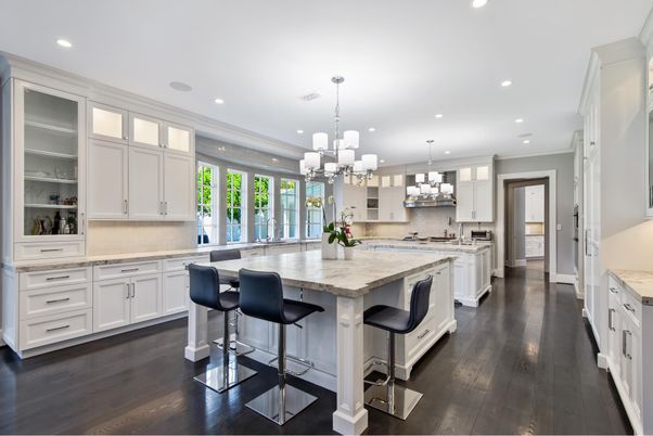 Chandelier, Interior, Kitchen, Pendant Lights, Recessed Lighting, Stainless Steel Appliances, Wood Texture Flooring