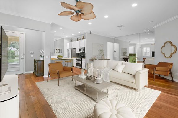 Interior, Kitchen, Living room, Recessed Lighting, Stainless Steel Appliances, Wood Texture Flooring