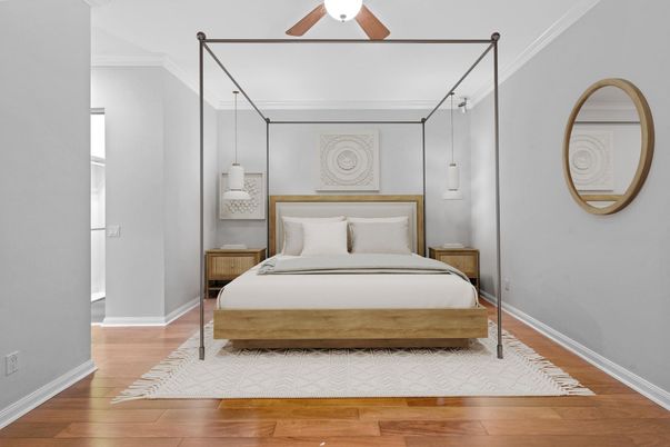 Bedroom, Interior, Pendant Lights, Wood Texture Flooring