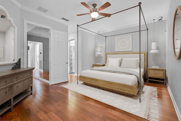 Bedroom, Interior, Pendant Lights, Wood Texture Flooring