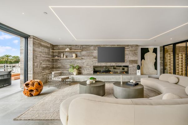 Fireplace, Interior, Living room, Recessed Lighting, Stone Walls