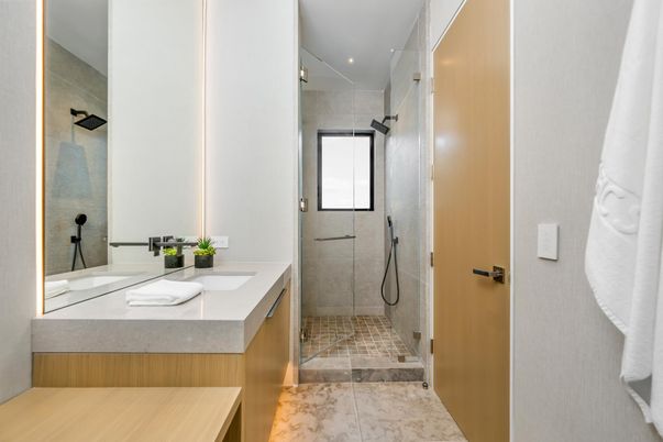 Bathroom, Dual Sink Vanities, Glass Shower, Interior, Marble, Recessed Lighting