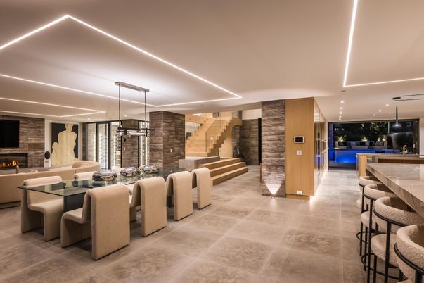 Dining room, Fireplace, Interior, Living room, Pendant Lights, Recessed Lighting, Stone Walls