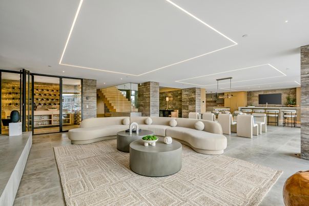 Dining room, Interior, Living room, Pendant Lights, Recessed Lighting, Stone Walls, Wine Storage