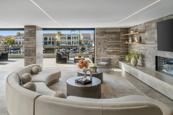 Fireplace, Interior, Living room, Recessed Lighting, Stone Walls